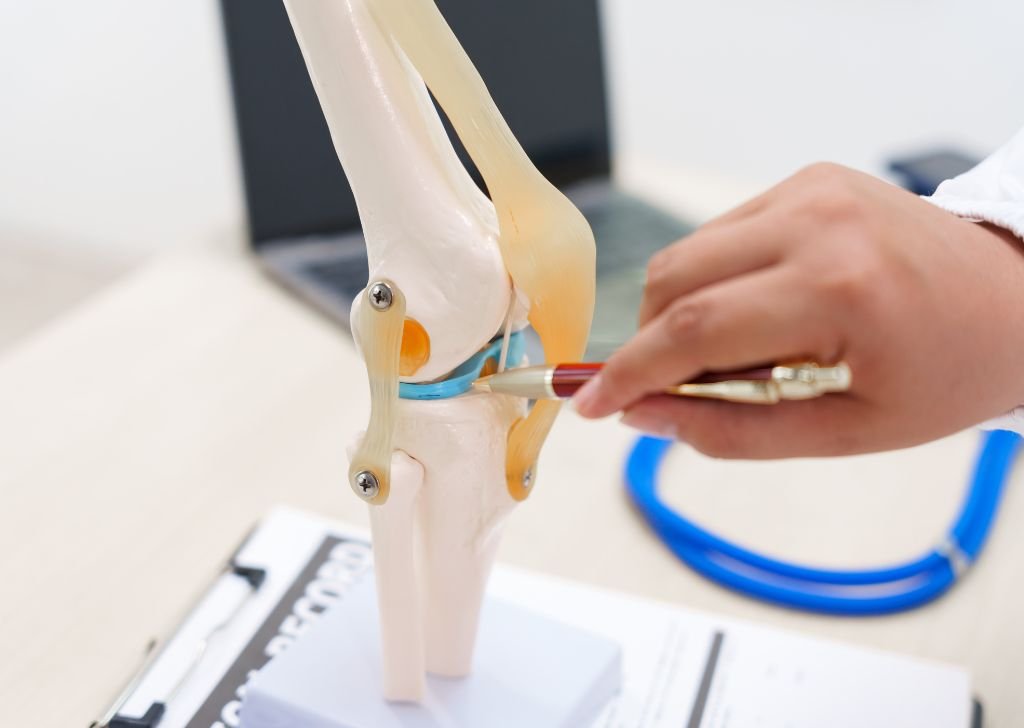 A doctor using a knee bone model to explain where an intra articular injection is administered.