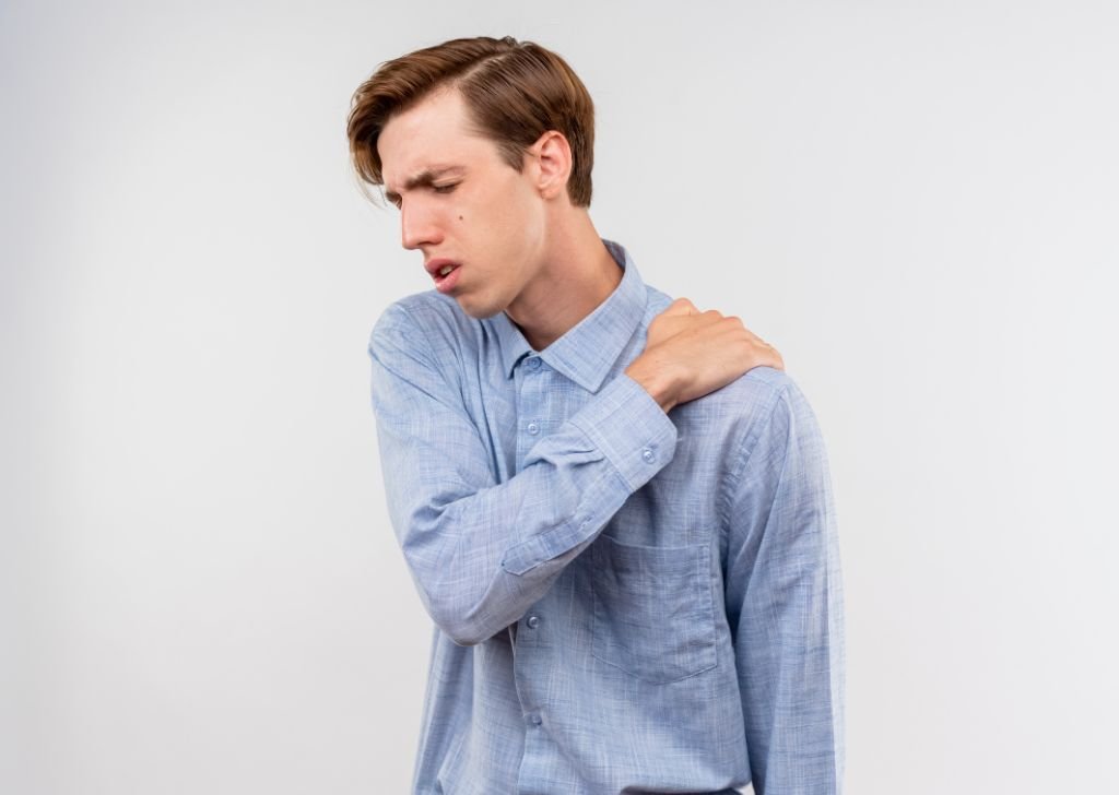 A patient suffering from a frozen shoulder. The pain can be treated with an intra articular injection.