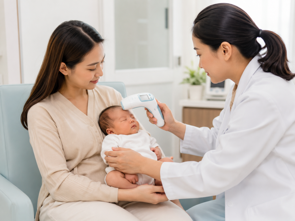 Doctor checking baby jaundice with bilirubin meter at U.n.i Klinik Sandakan