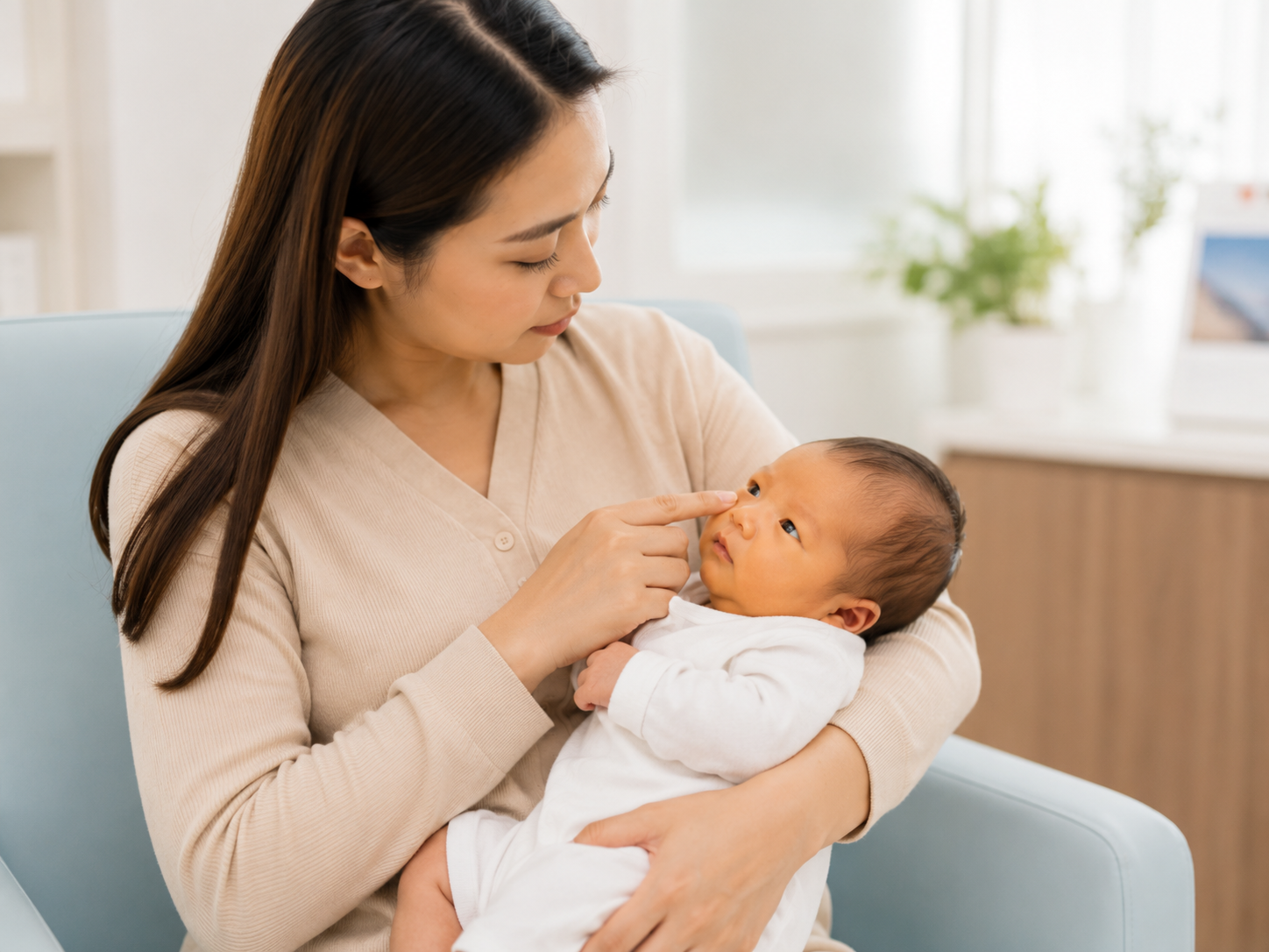 Parent checking newborn baby for signs of jaundice
