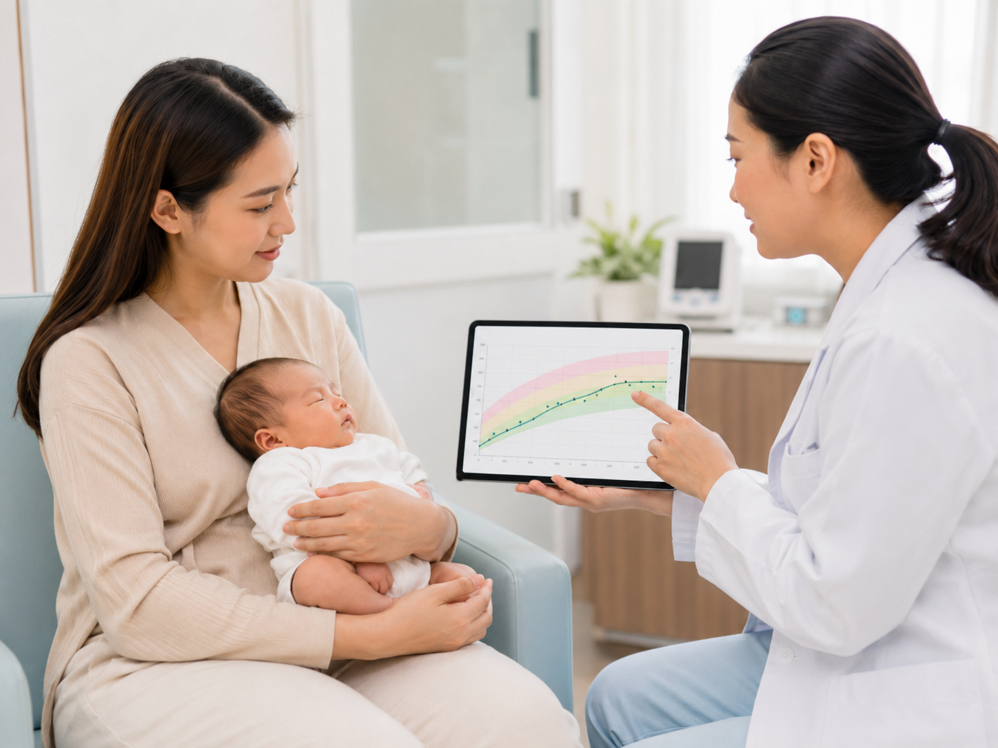 Doctor explaining newborn bilirubin reading to parents