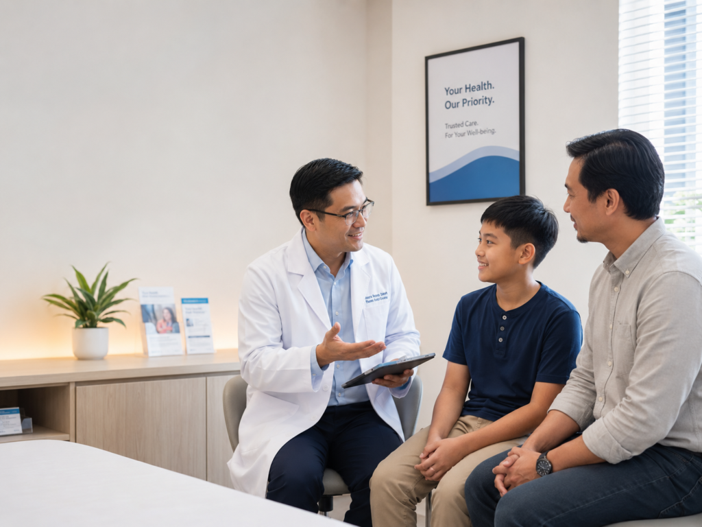 Doctor explaining circumcision procedure to parent and child in Sandakan