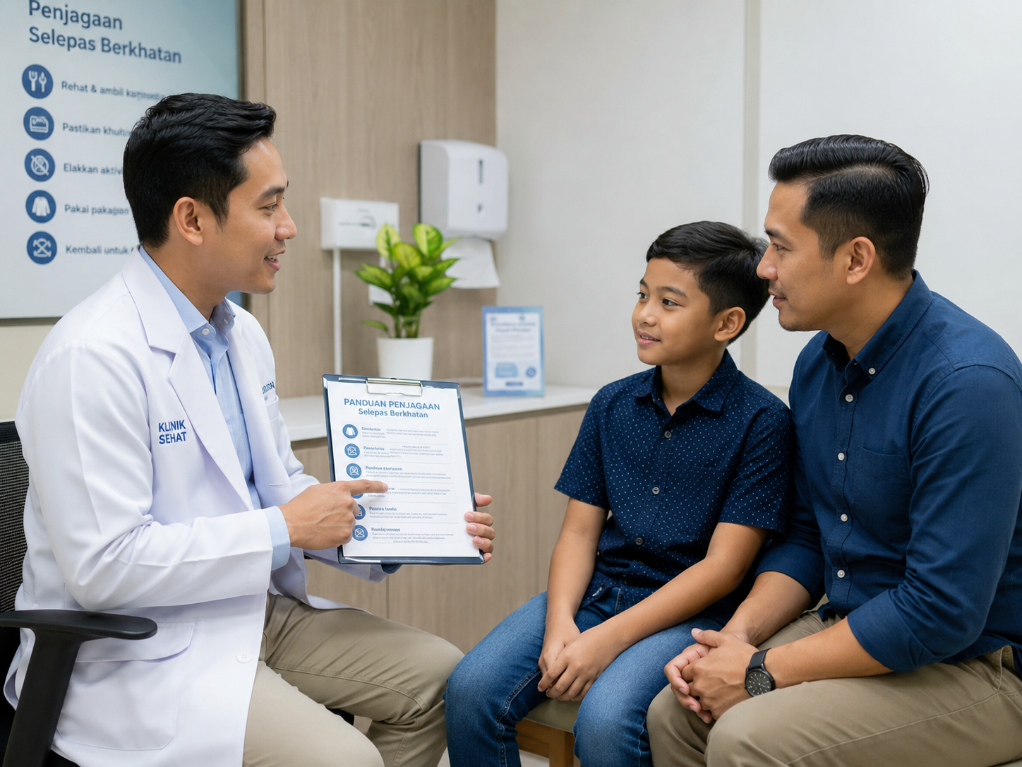 Doctor explaining circumcision aftercare to a parent
