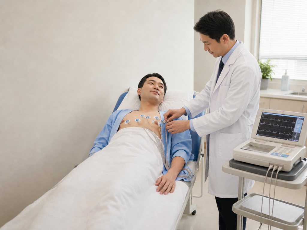 Patient undergoing a painless ECG test at a clinic in Sandakan