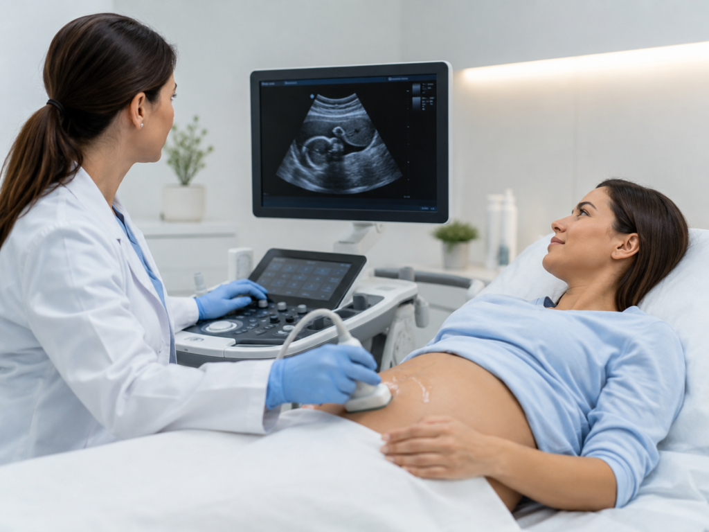 Doctor performing an ultrasound scan at a clinic in Sandakan