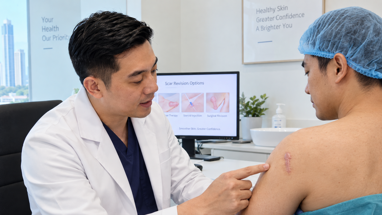 Doctor examining keloid/scar